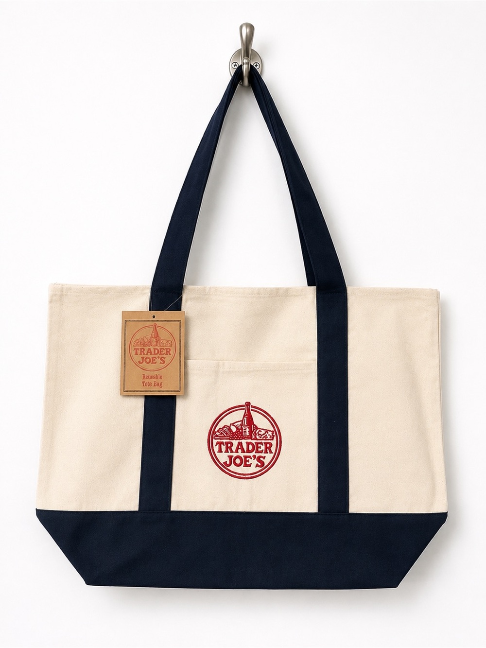 Trader Joe’s Large Canvas Tote Bag Navy Red Logo NWT